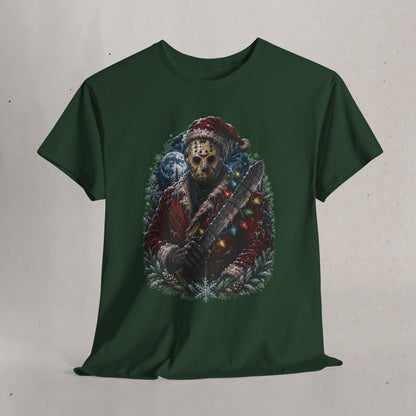 Horror Christmas Tee — Jason Holiday Killer Mask with Festive Machete