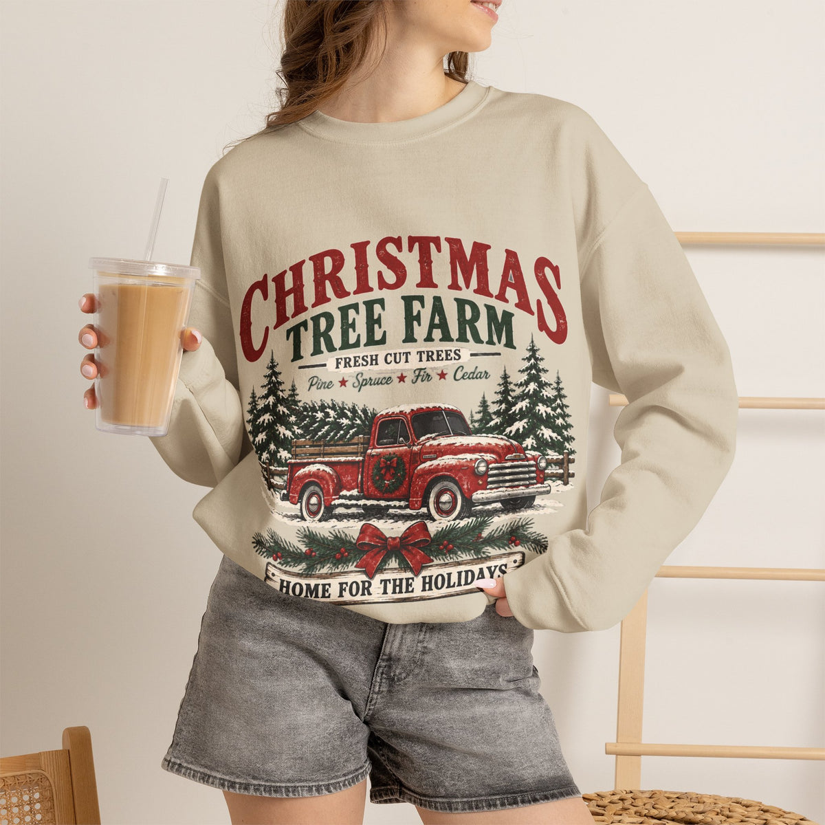 Christmas Tree Farm Home for the Holidays Sweatshirt, Vintage Red Truck Christmas Crewneck