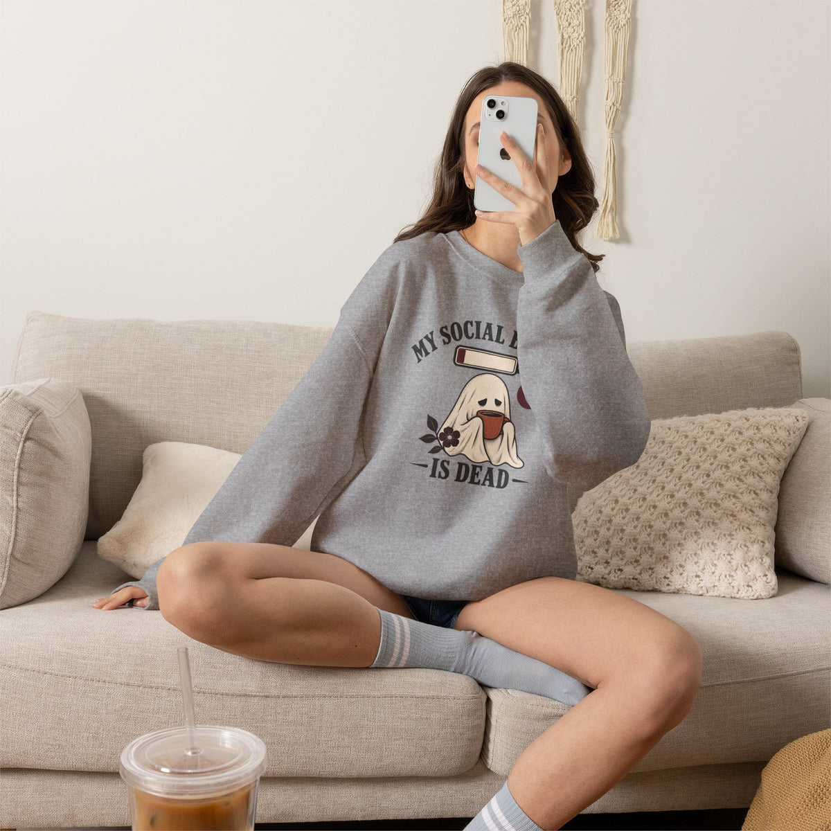 Cute Ghost "My Social Battery Is Dead" Crewneck Sweatshirt