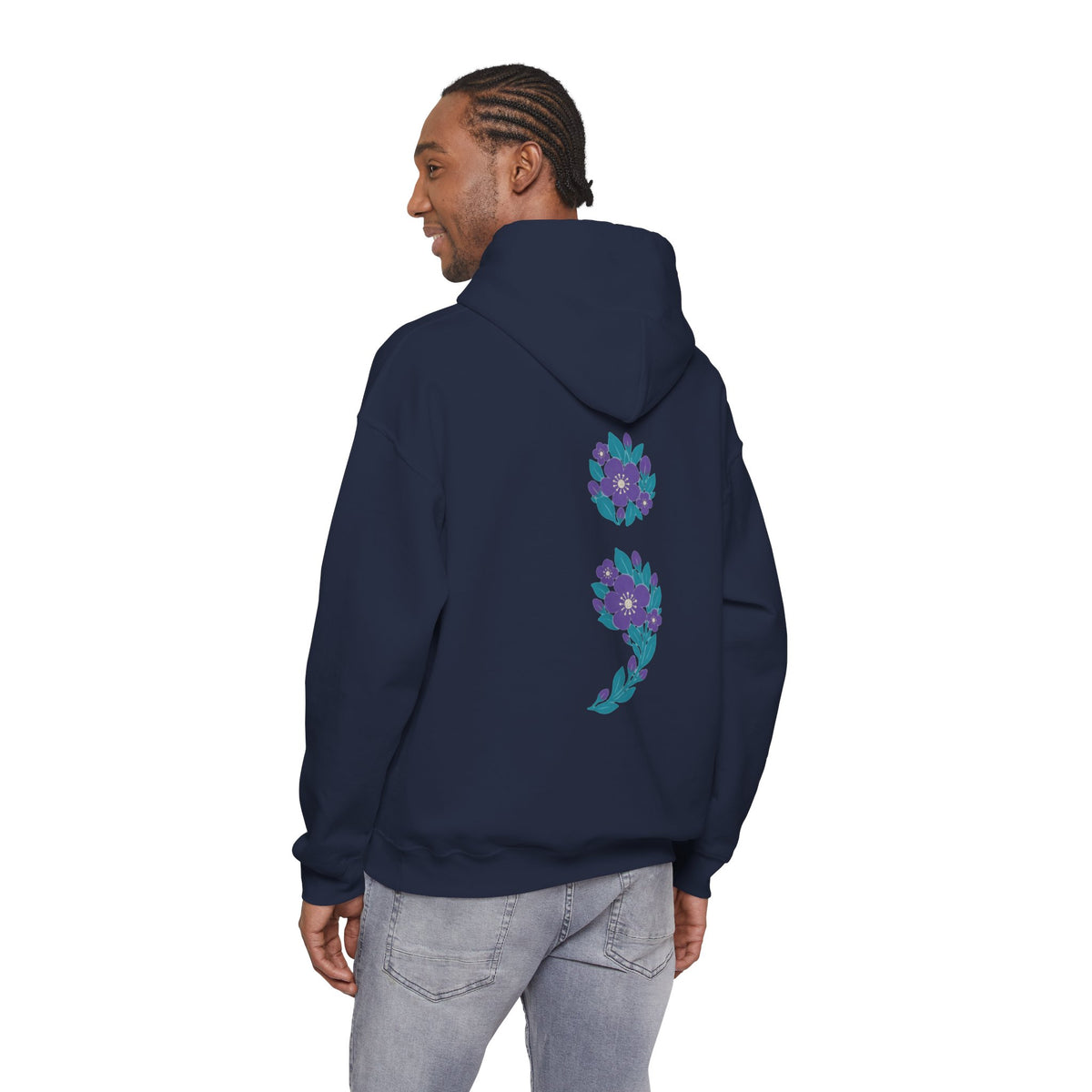 Floral semicolon suicide awareness pullover hoodie in navy