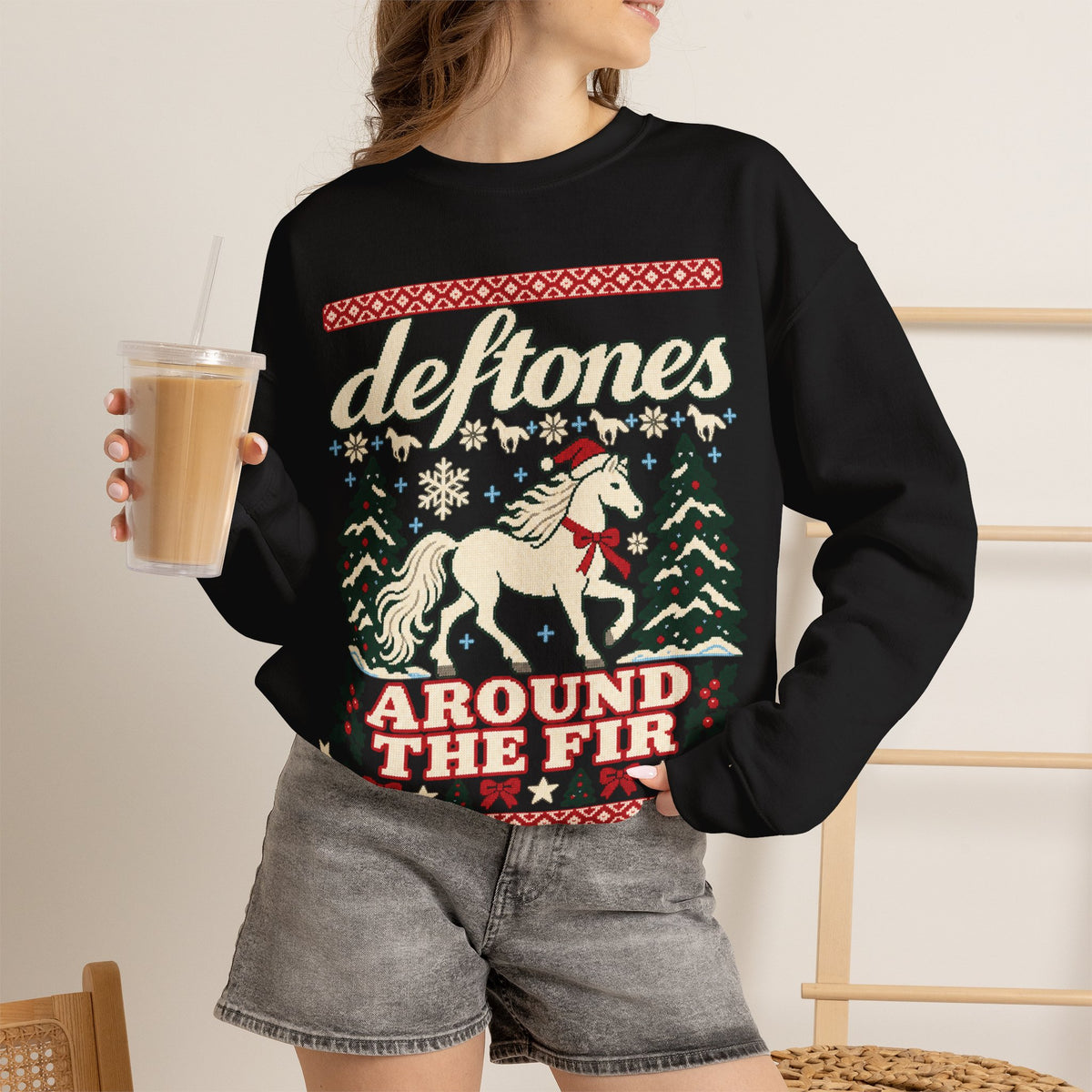 Deftones Around the Fir Christmas Crewneck Sweatshirt in Red, alternate view