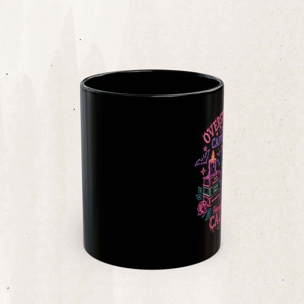 Black Cat Caffeine Mug — "Overstimulated and Caffeinated" Neon Coffee Cup