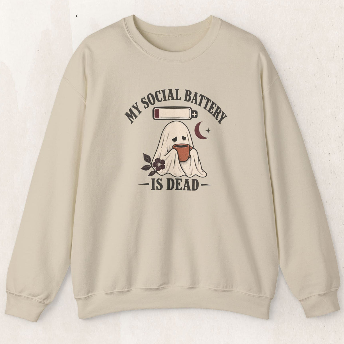My Social Battery Is Dead Ghost Sweatshirt – Introvert Crew – Sand