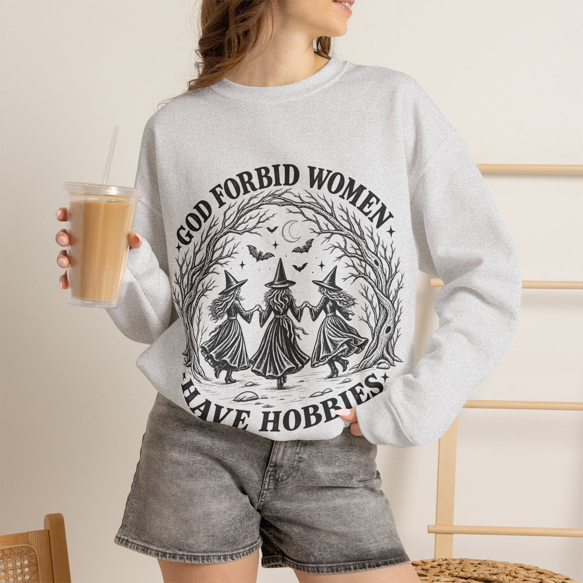 God Forbid Women Have Hobbies Witch Crewneck Sweatshirt in Ash, alternate view