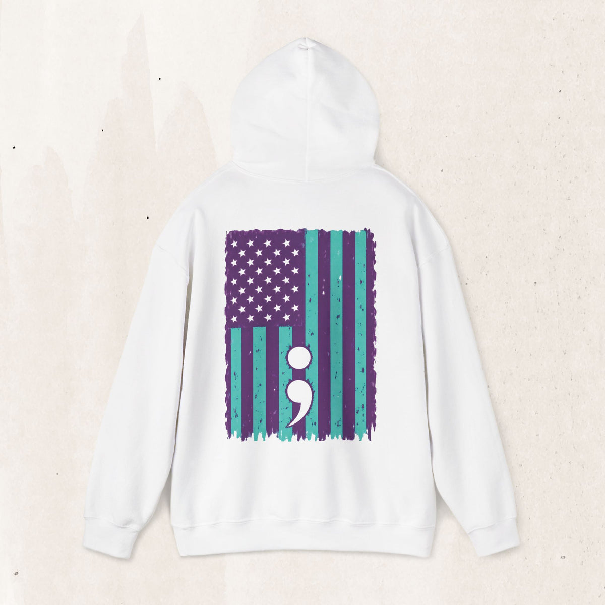 Purple and teal flag semicolon suicide awareness pullover hoodie in white
