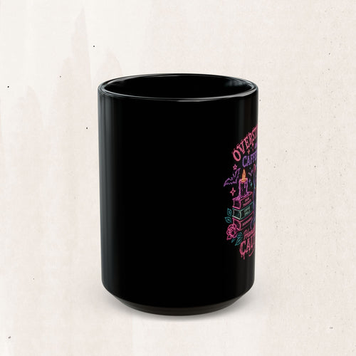 Black Cat Caffeine Mug — "Overstimulated and Caffeinated" Neon Coffee Cup