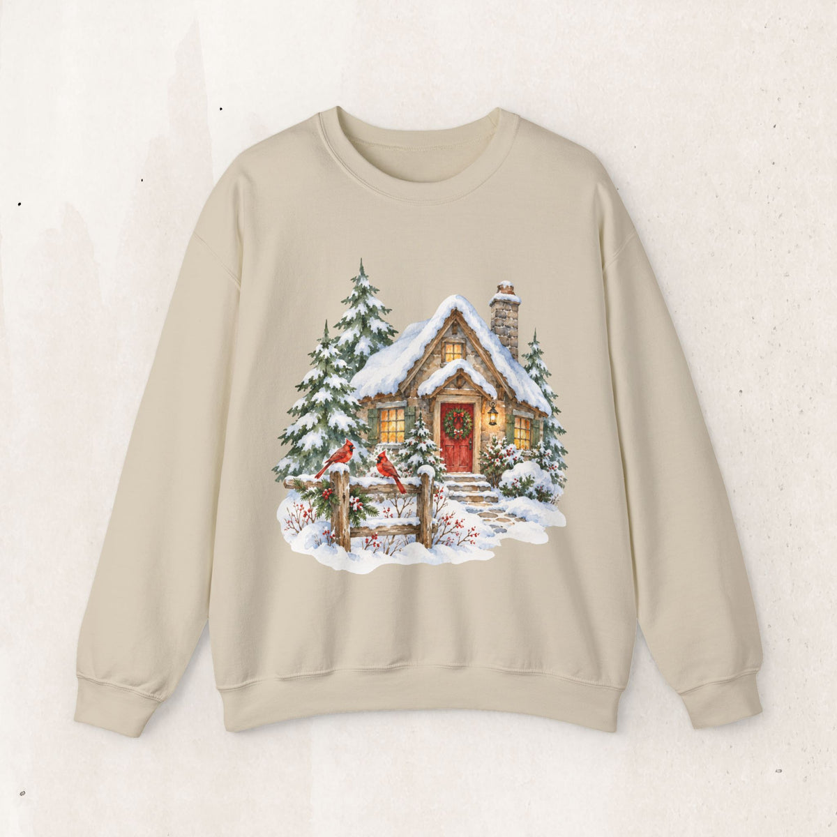 Cozy Christmas Cottage Sweatshirt, Snowy Winter Cabin Crewneck