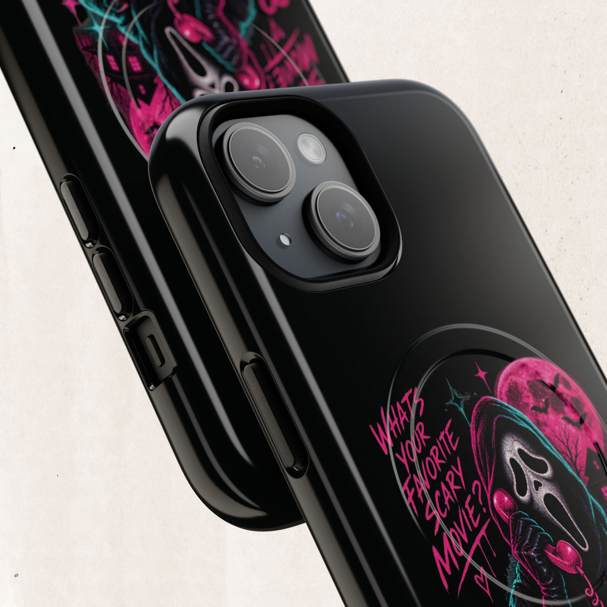 Magnetic Phone Case — Neon 'What's Your Favorite Scary Movie?' Horror Design