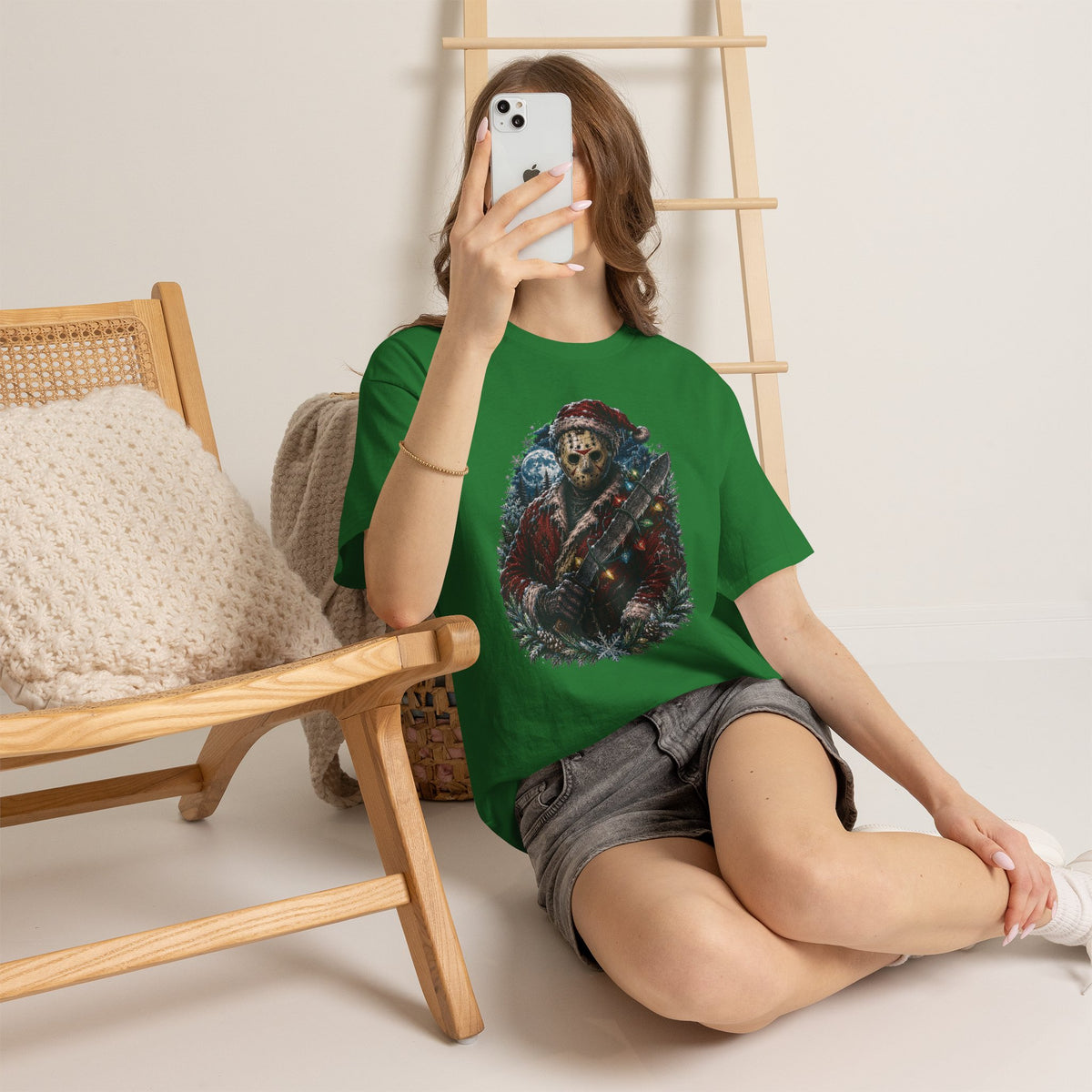 Horror Christmas Tee — Jason Holiday Killer Mask with Festive Machete