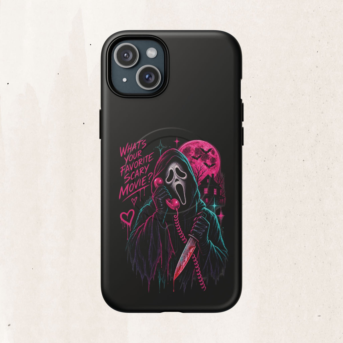 Magnetic Phone Case — Neon 'What's Your Favorite Scary Movie?' Horror Design
