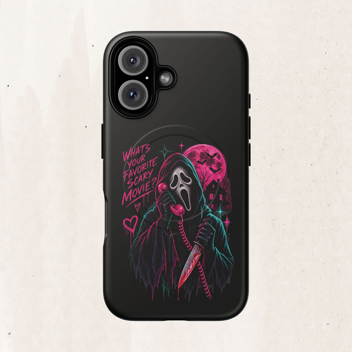 Magnetic Phone Case — Neon 'What's Your Favorite Scary Movie?' Horror Design