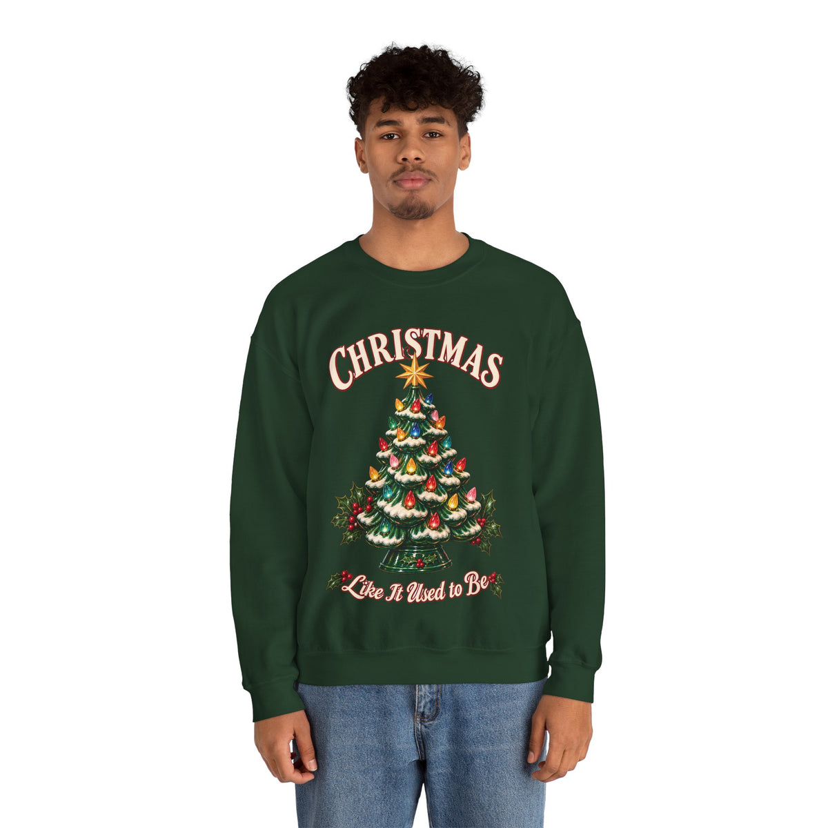 Vintage Ceramic Christmas Tree Crewneck Sweatshirt in Forest Green, alternate view