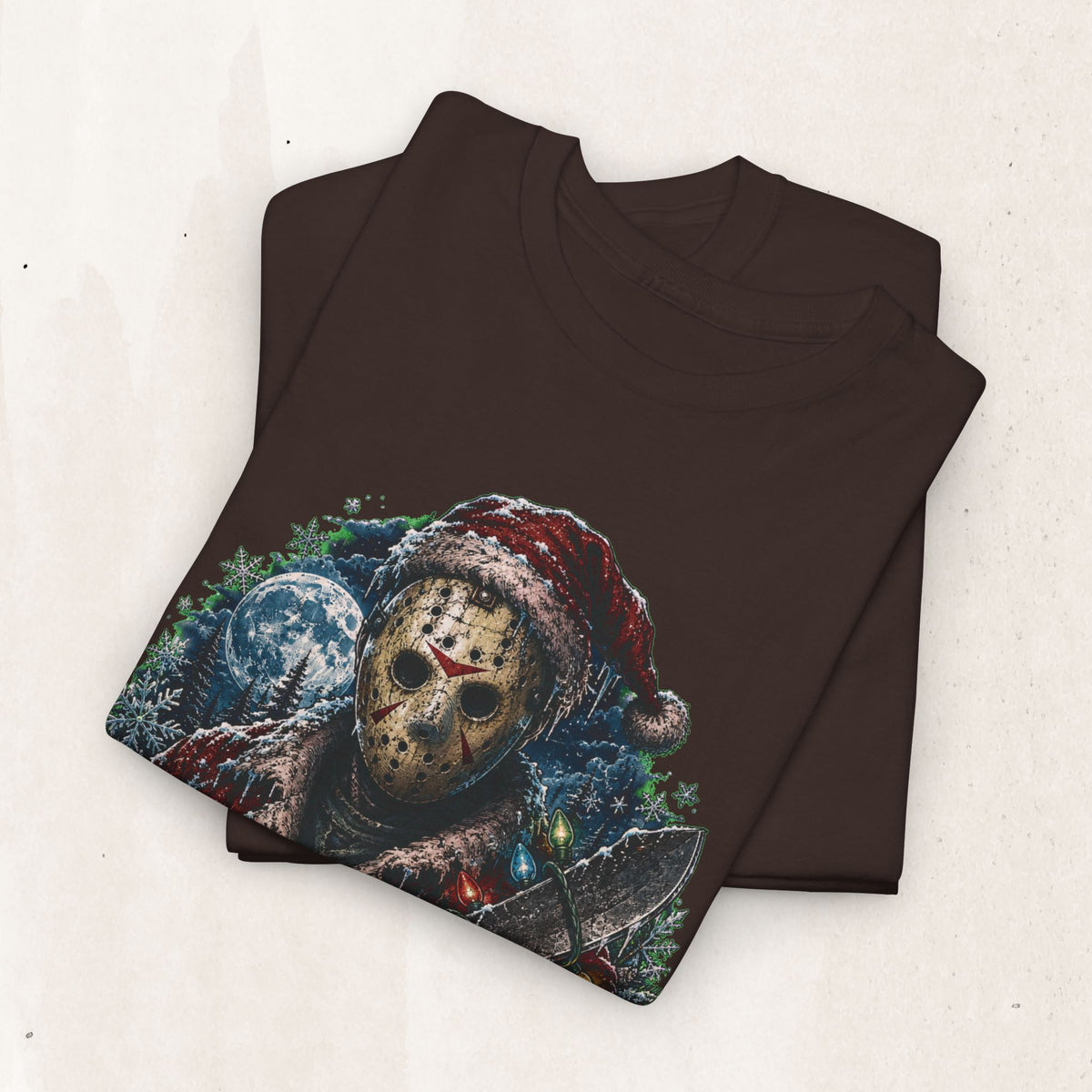 Horror Christmas Tee — Jason Holiday Killer Mask with Festive Machete