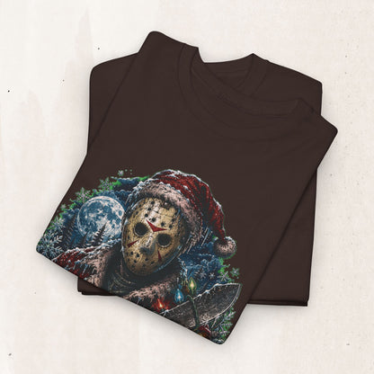 Horror Christmas Tee — Jason Holiday Killer Mask with Festive Machete