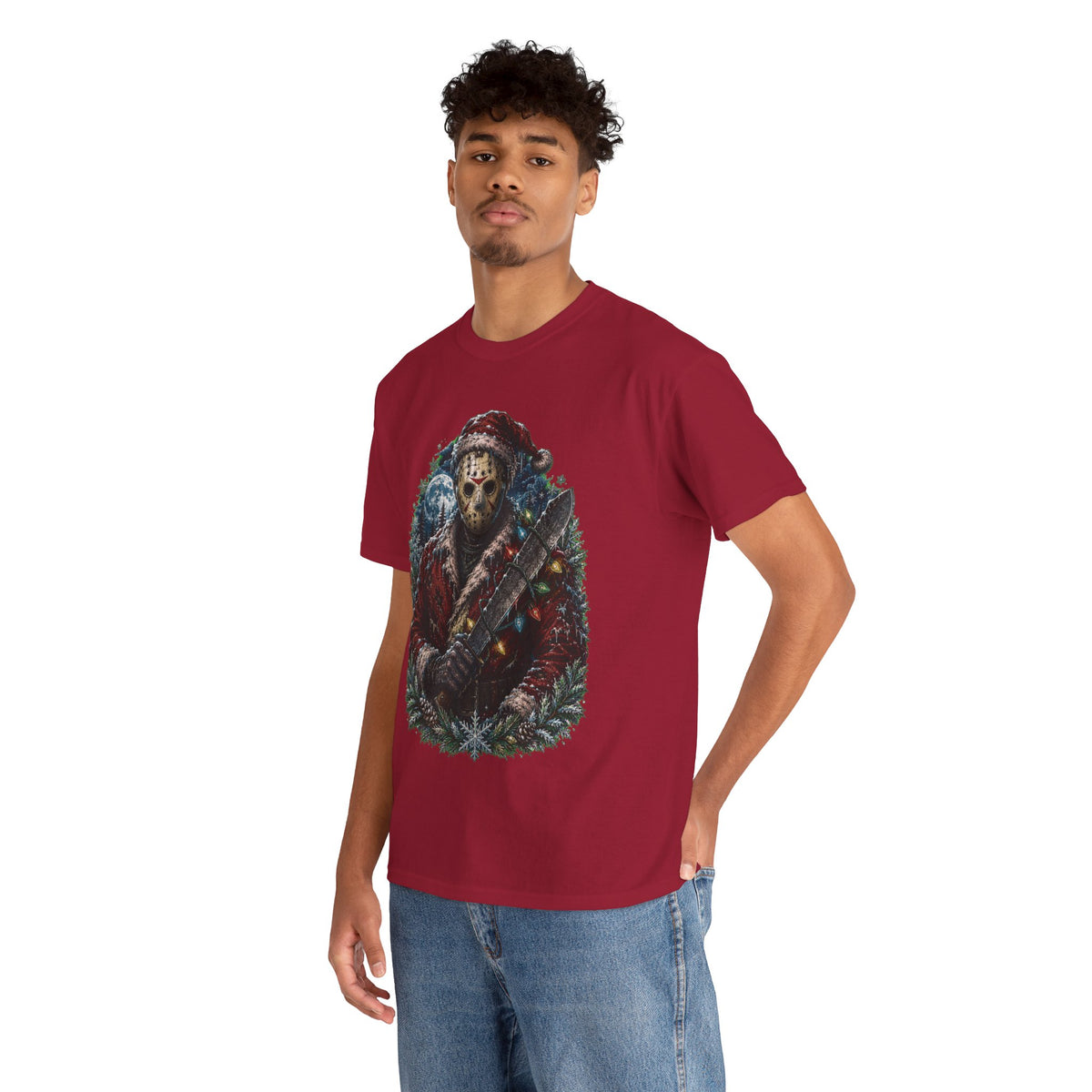 Horror Christmas Tee — Jason Holiday Killer Mask with Festive Machete