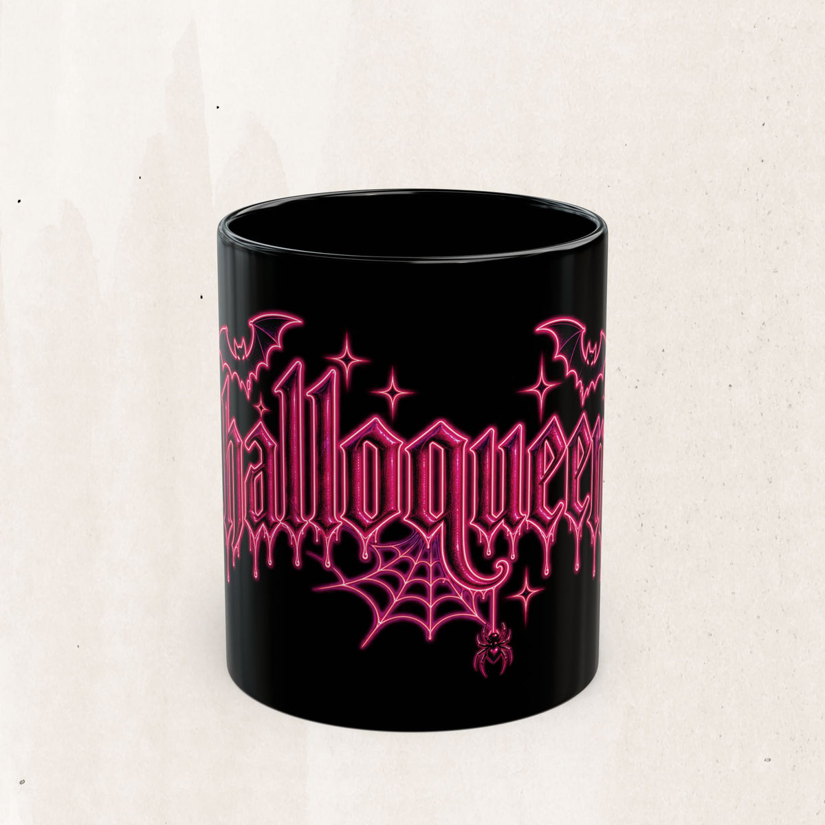 Halloween Gothic Pink Neon Mug — 'Halloqueen' Spiderweb & Bats Coffee Cup