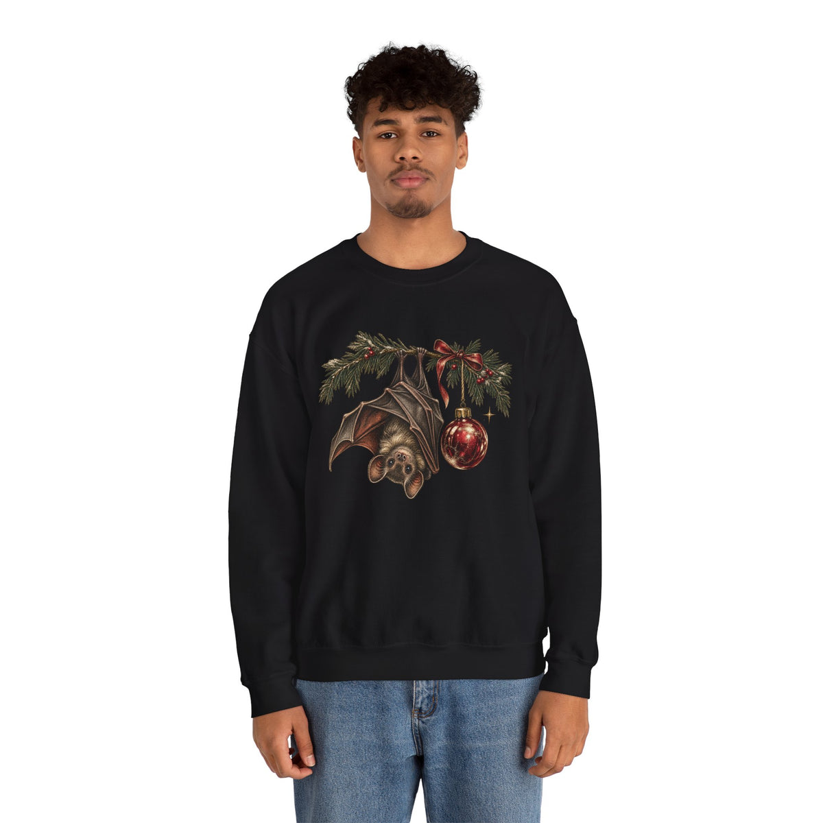 Gothic Christmas bat sweatshirt with a vintage bat, evergreen boughs and a red ornament