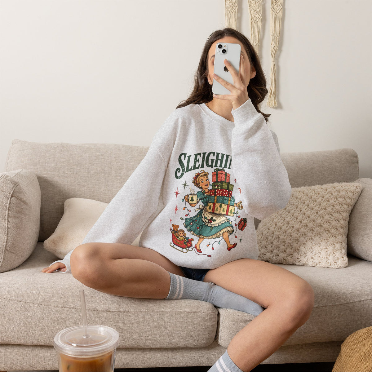 Sleighing It Christmas Crewneck Sweatshirt — Retro Holiday Gifts Design Printify