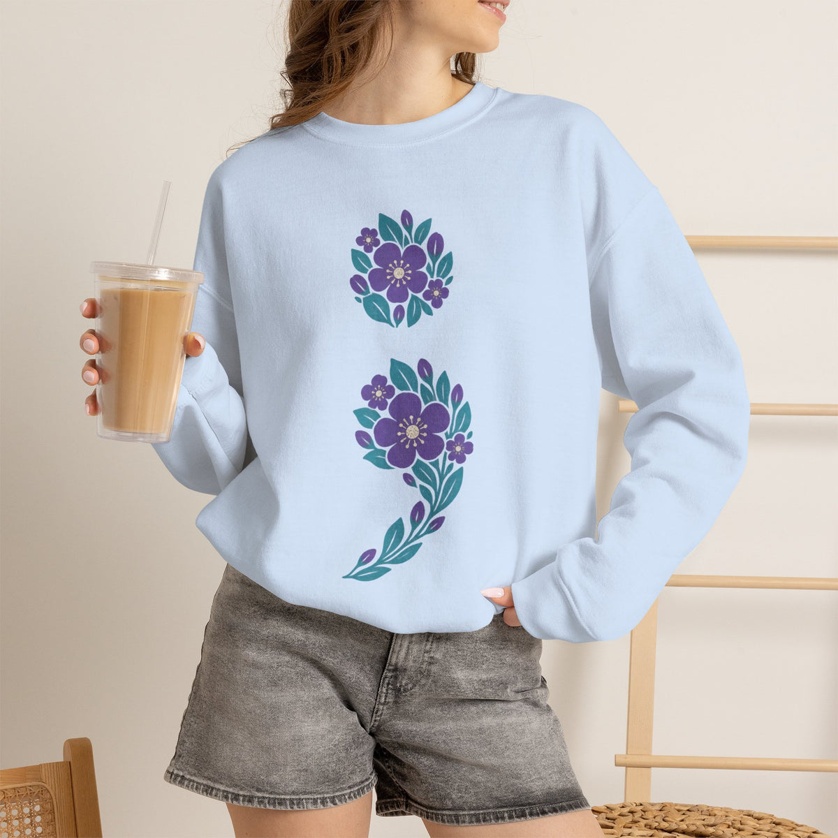 Floral semicolon suicide awareness crewneck sweatshirt in light blue