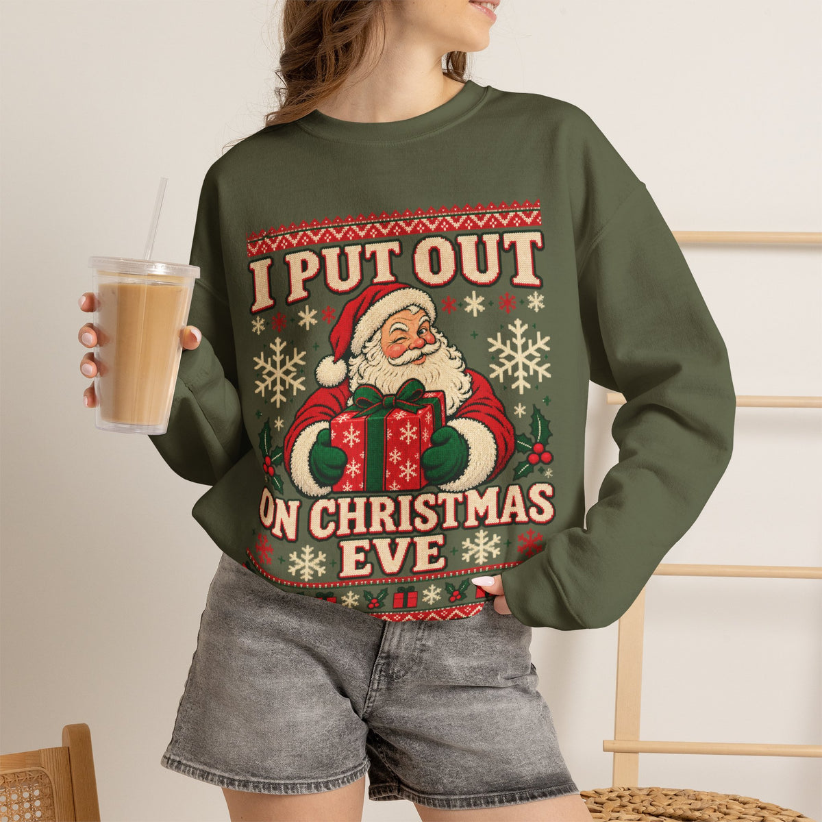 I Put Out on Christmas Eve Santa Ugly Christmas Sweatshirt in Red, alternate view