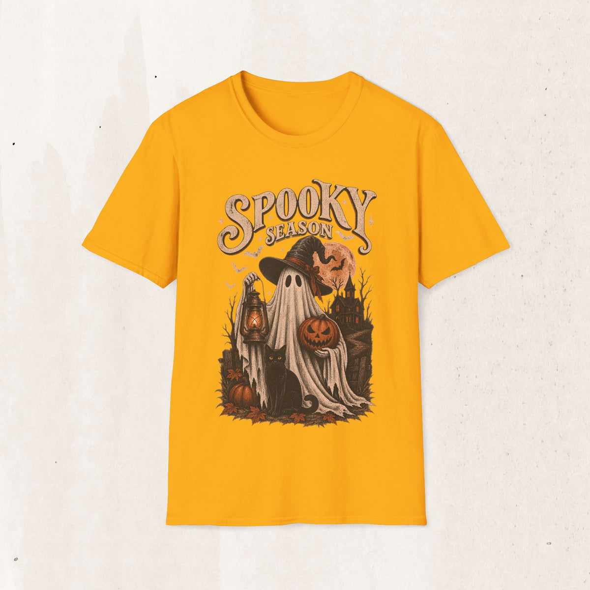 Spooky Season Graphic Tee – Vintage Ghost & Witch Hat Shirt – Gold