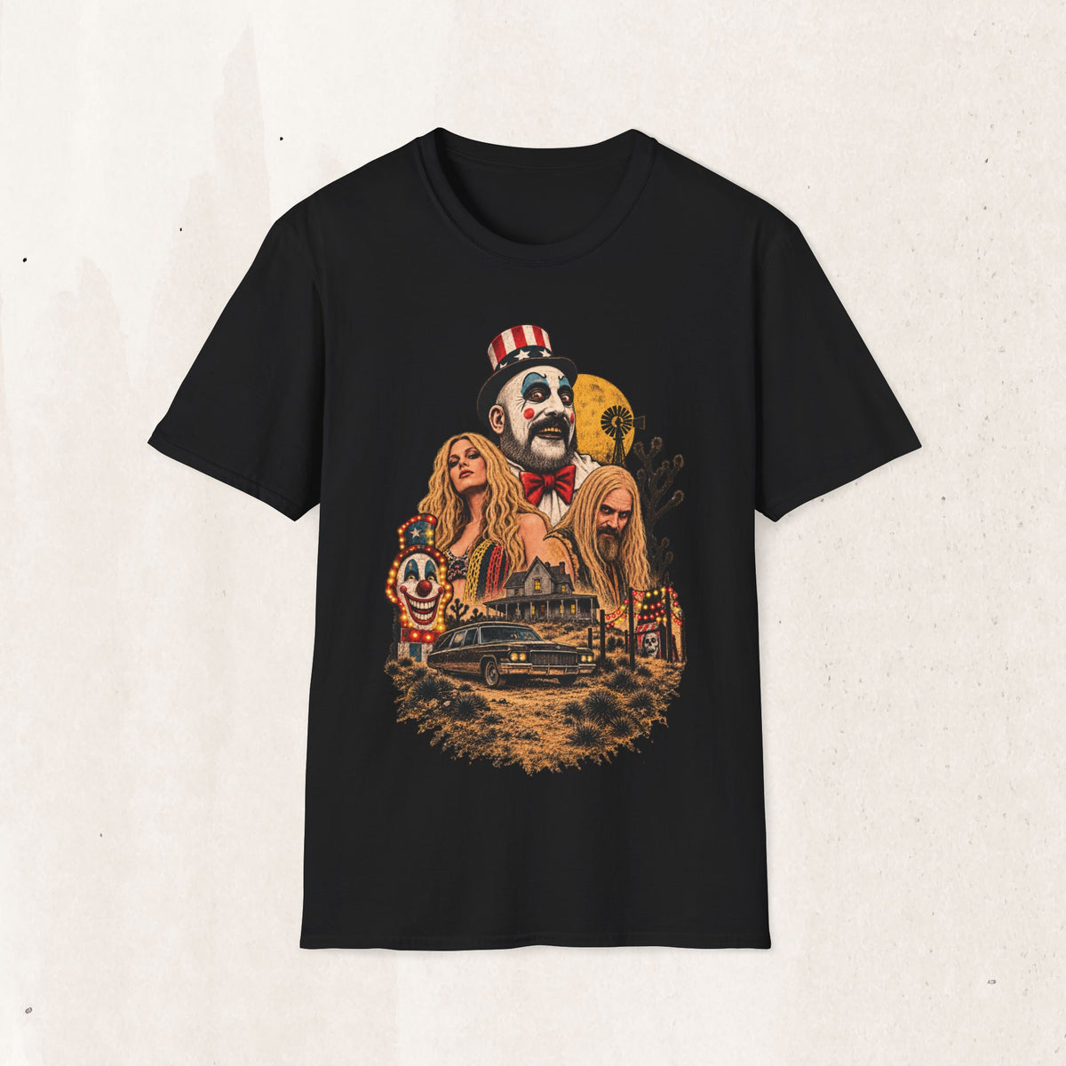 Captain Spaulding Horror Tee — Retro "House of 1000 Corpses" Clown Collage