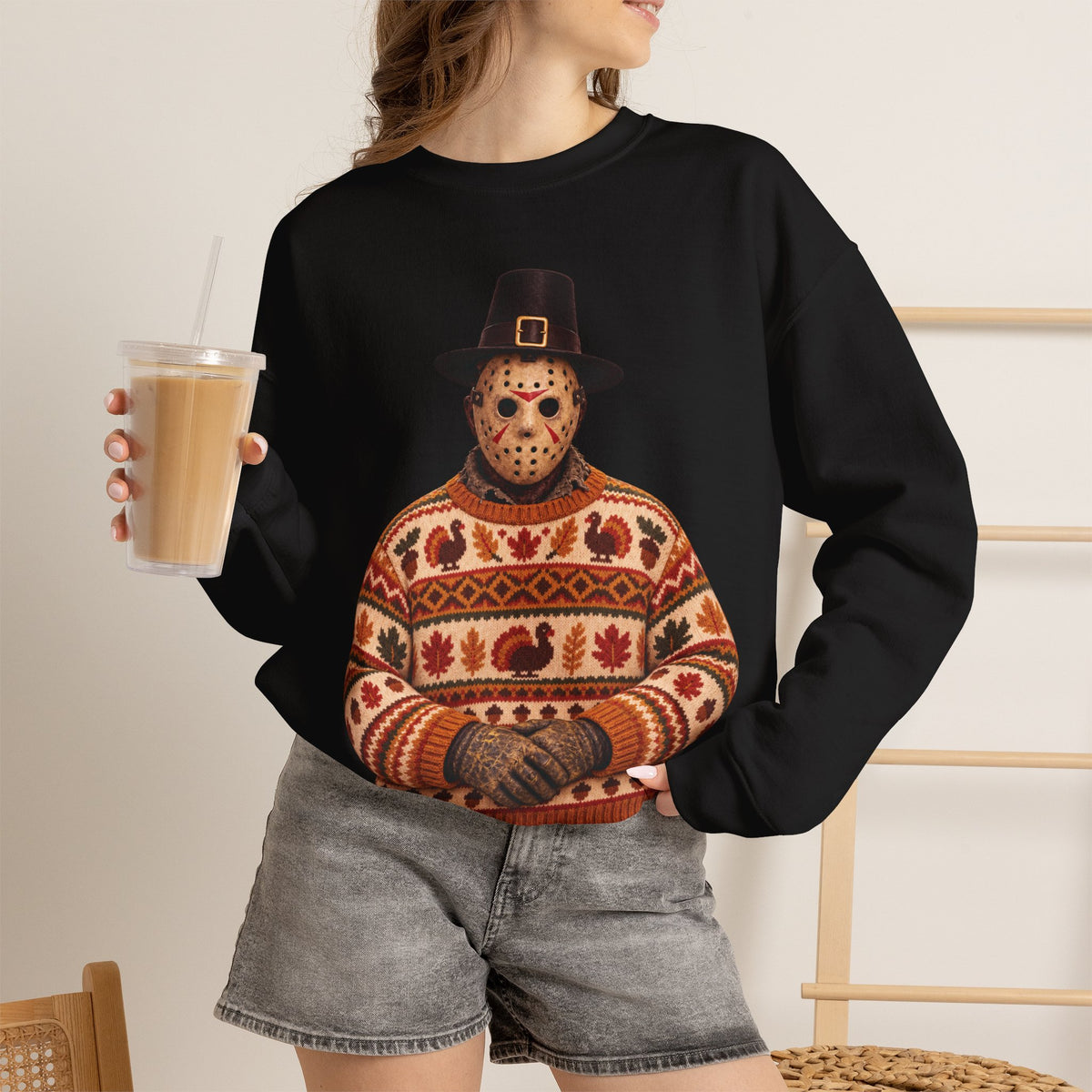 Jason Voorhees Thanksgiving horror crewneck sweatshirt in black