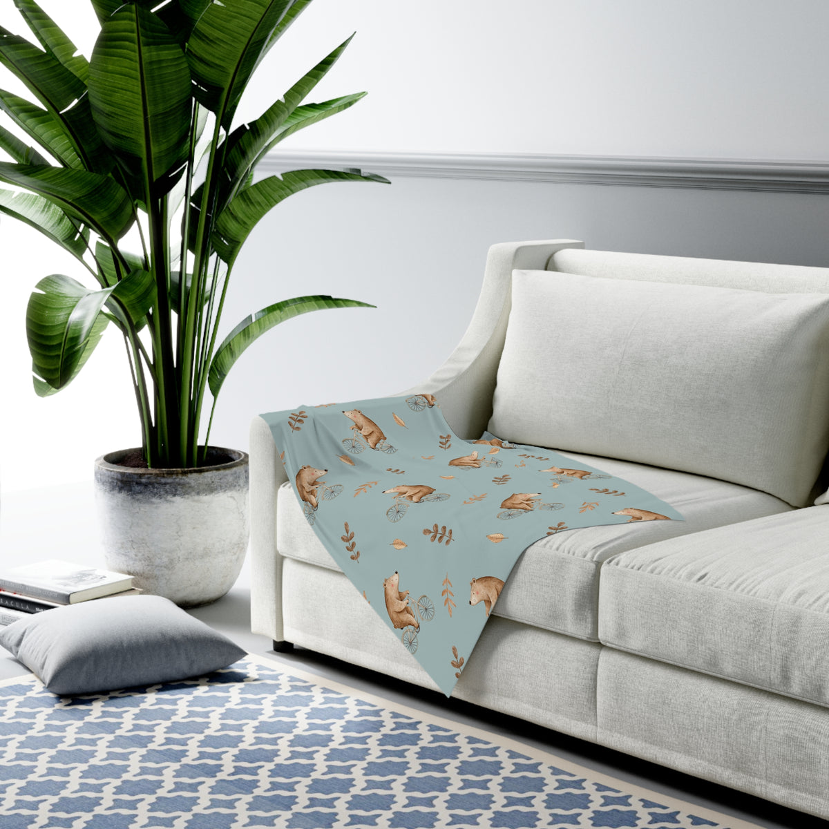 Bear on Bicycle Baby Swaddle Blanket – Soft Blue Woodland Nursery Swaddle