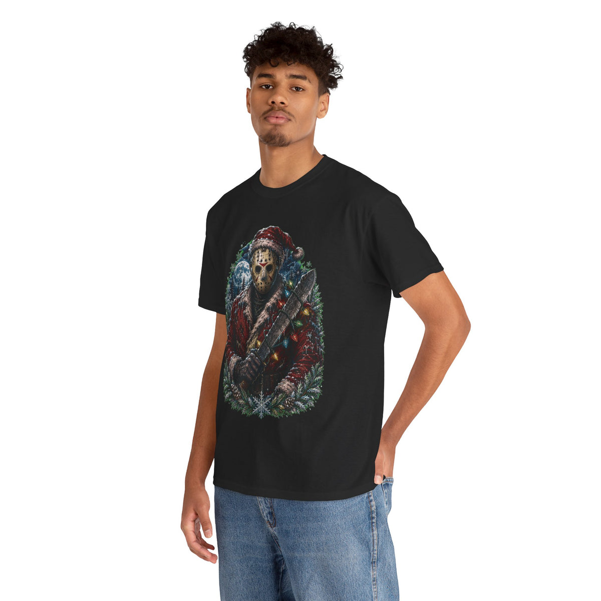 Horror Christmas Tee — Jason Holiday Killer Mask with Festive Machete