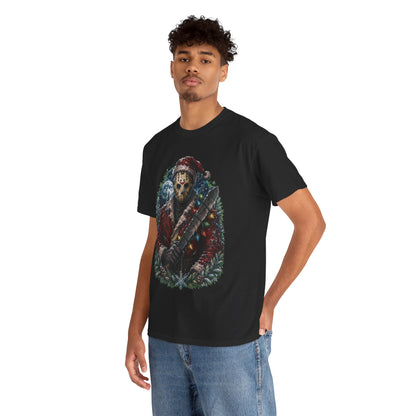 Horror Christmas Tee — Jason Holiday Killer Mask with Festive Machete