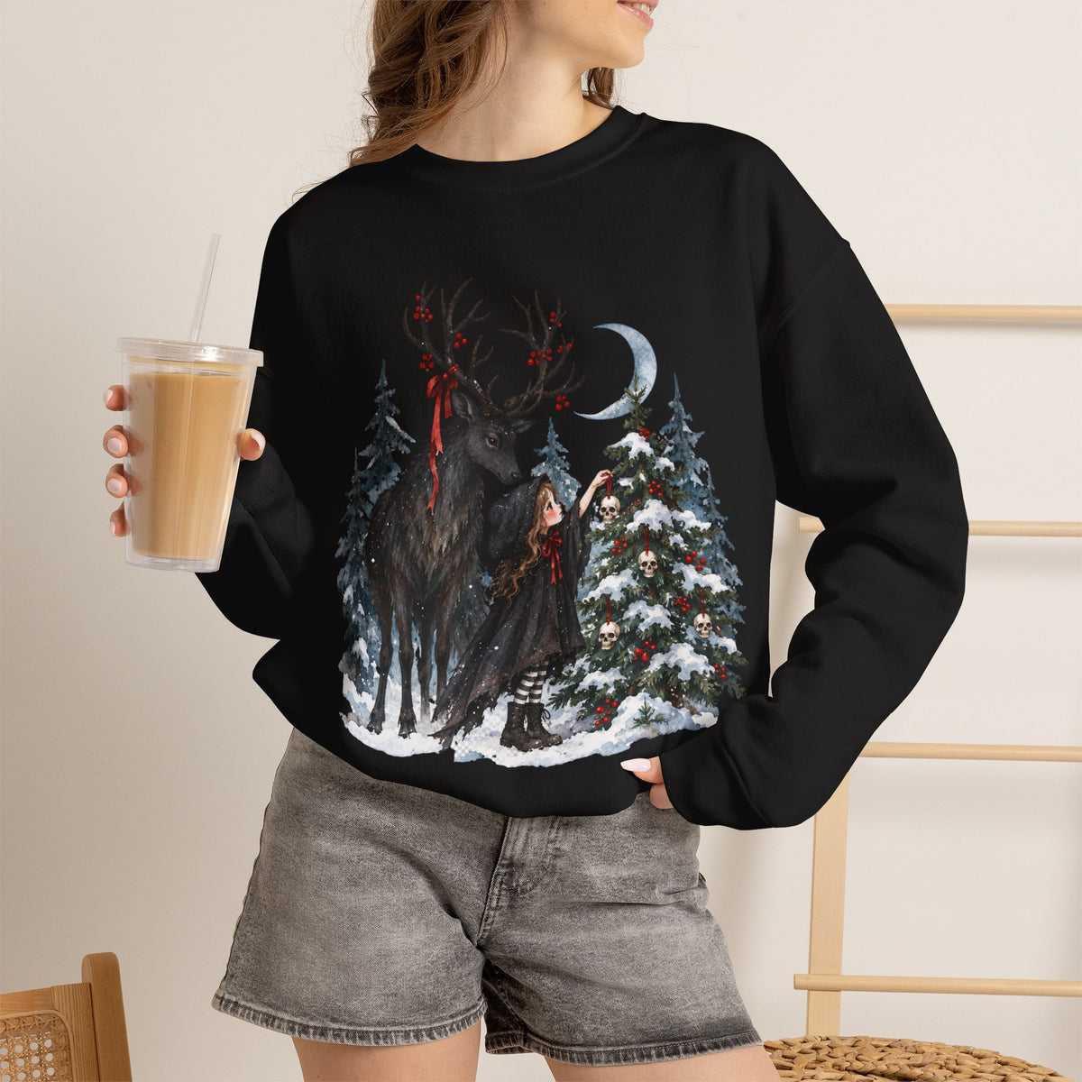 Winter Forest Deer and Moon Sweatshirt, Moonlit Stag Crewneck