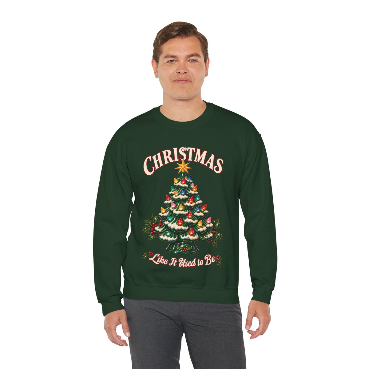 Vintage Ceramic Christmas Tree Crewneck Sweatshirt in Forest Green, alternate view