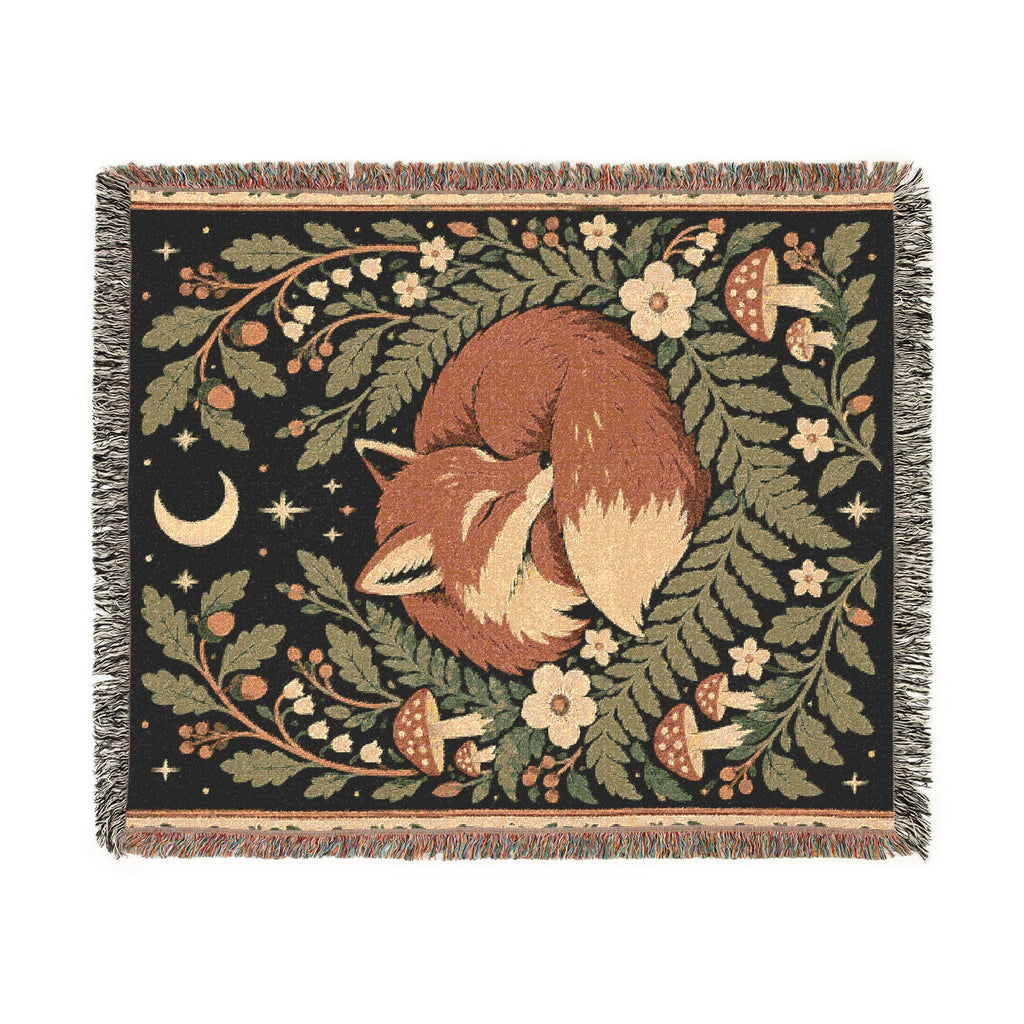Fox Moon Woven Blanket — Cozy Floral Woodland Throw Printify