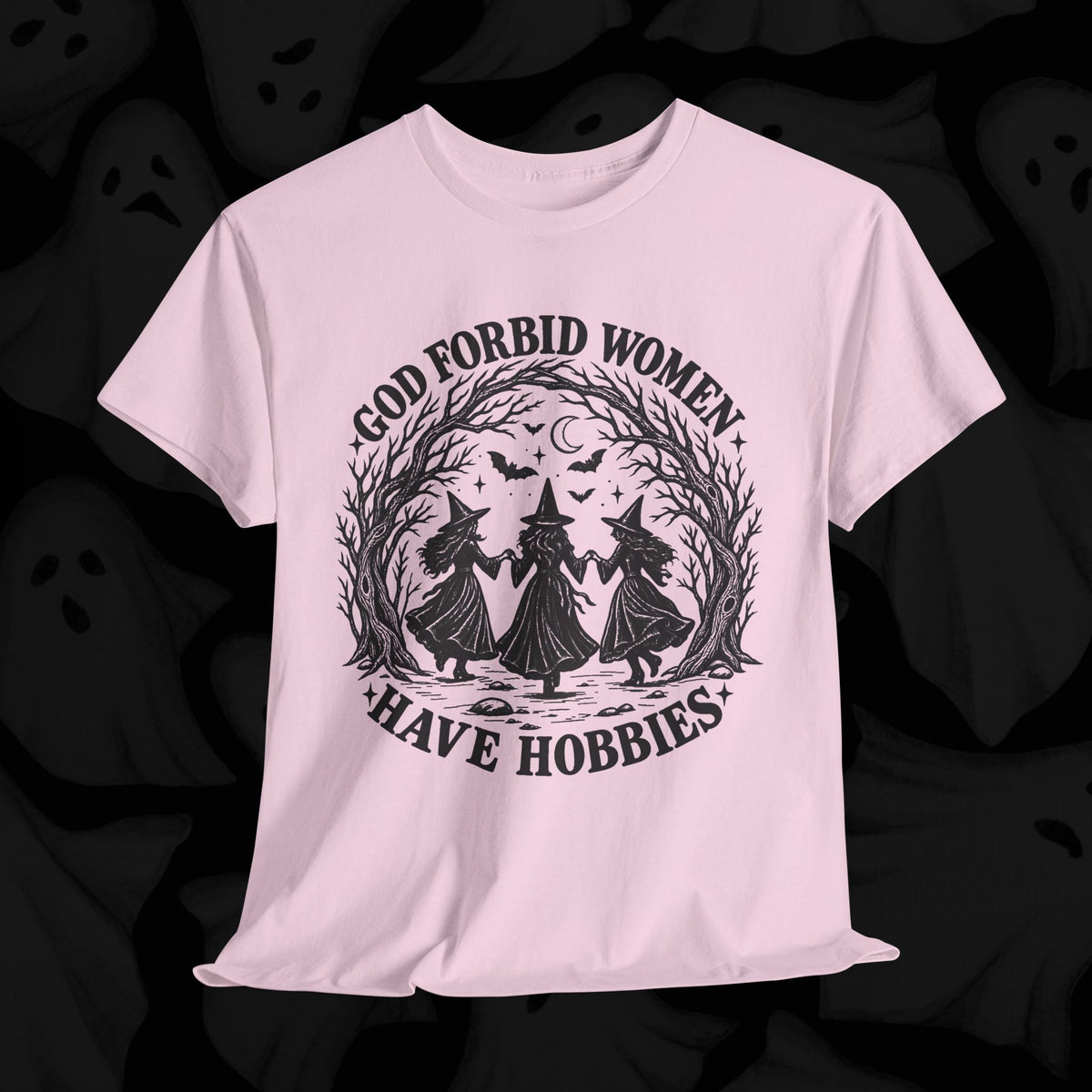 God Forbid Women Have Hobbies Witch Graphic Tee – Light Pink
