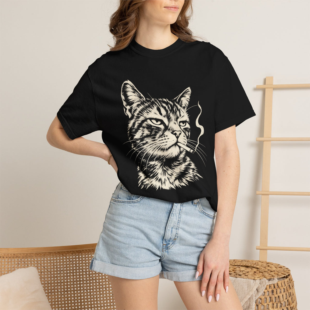 Smoking Cat Graphic Tee in Black, alternate view