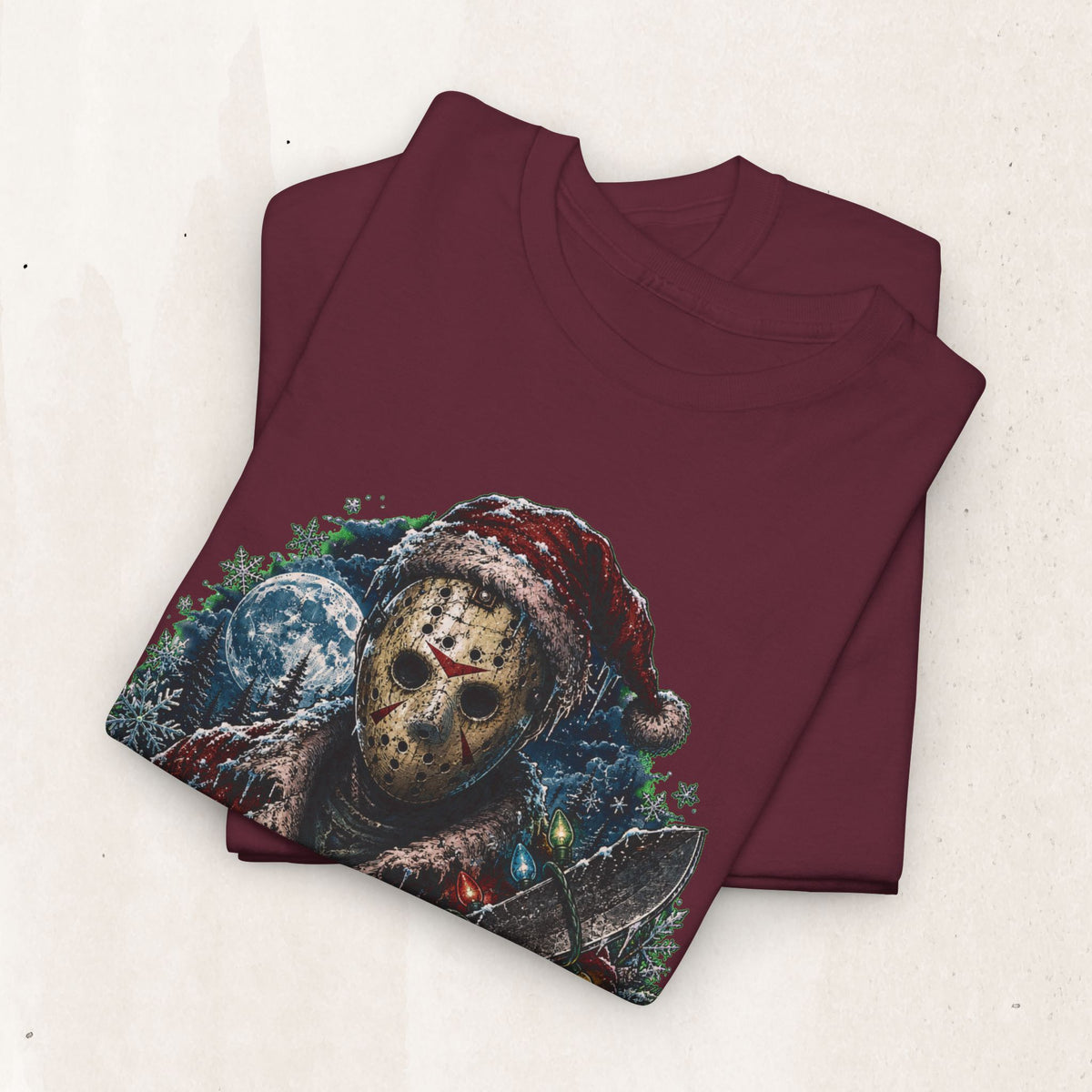 Horror Christmas Tee — Jason Holiday Killer Mask with Festive Machete