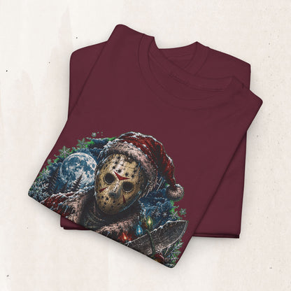Horror Christmas Tee — Jason Holiday Killer Mask with Festive Machete