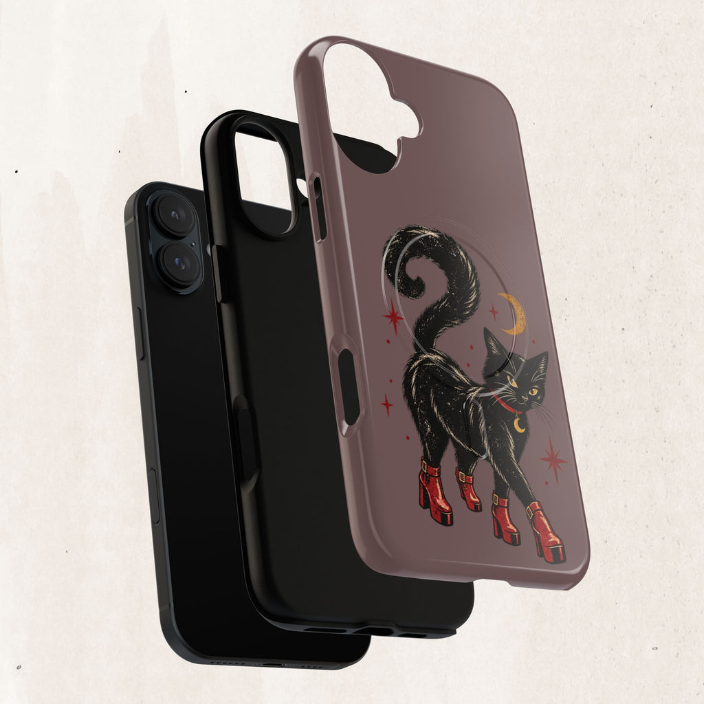 Magnetic Phone Case — Black Cat in Red Boots Design