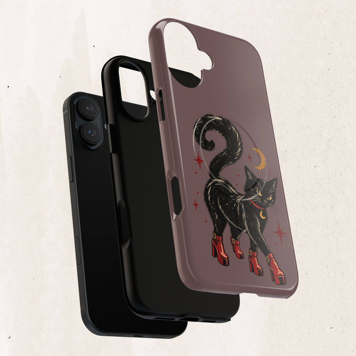 Magnetic Phone Case — Black Cat in Red Boots Design