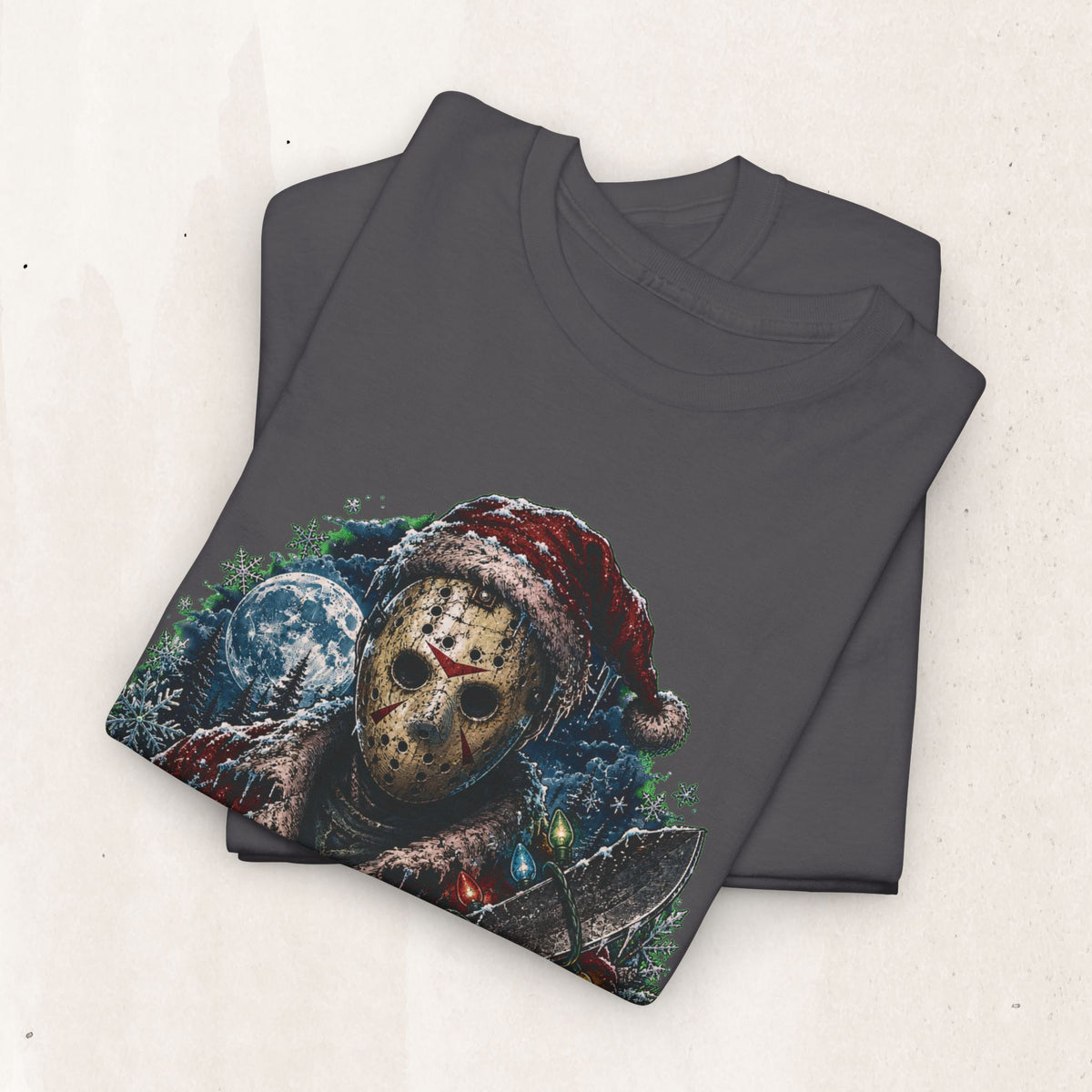 Horror Christmas Tee — Jason Holiday Killer Mask with Festive Machete