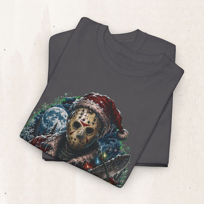 Horror Christmas Tee — Jason Holiday Killer Mask with Festive Machete