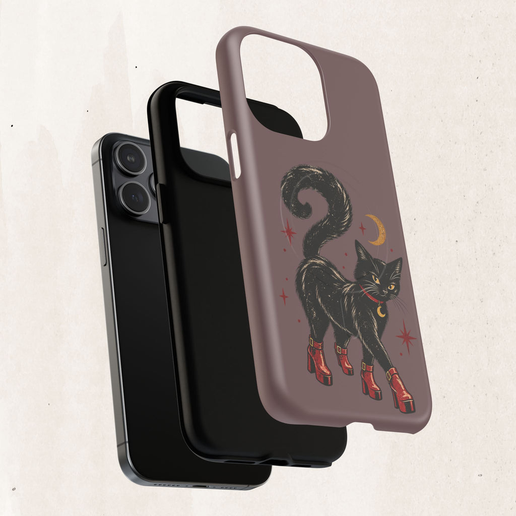 Magnetic Phone Case — Black Cat in Red Boots Design