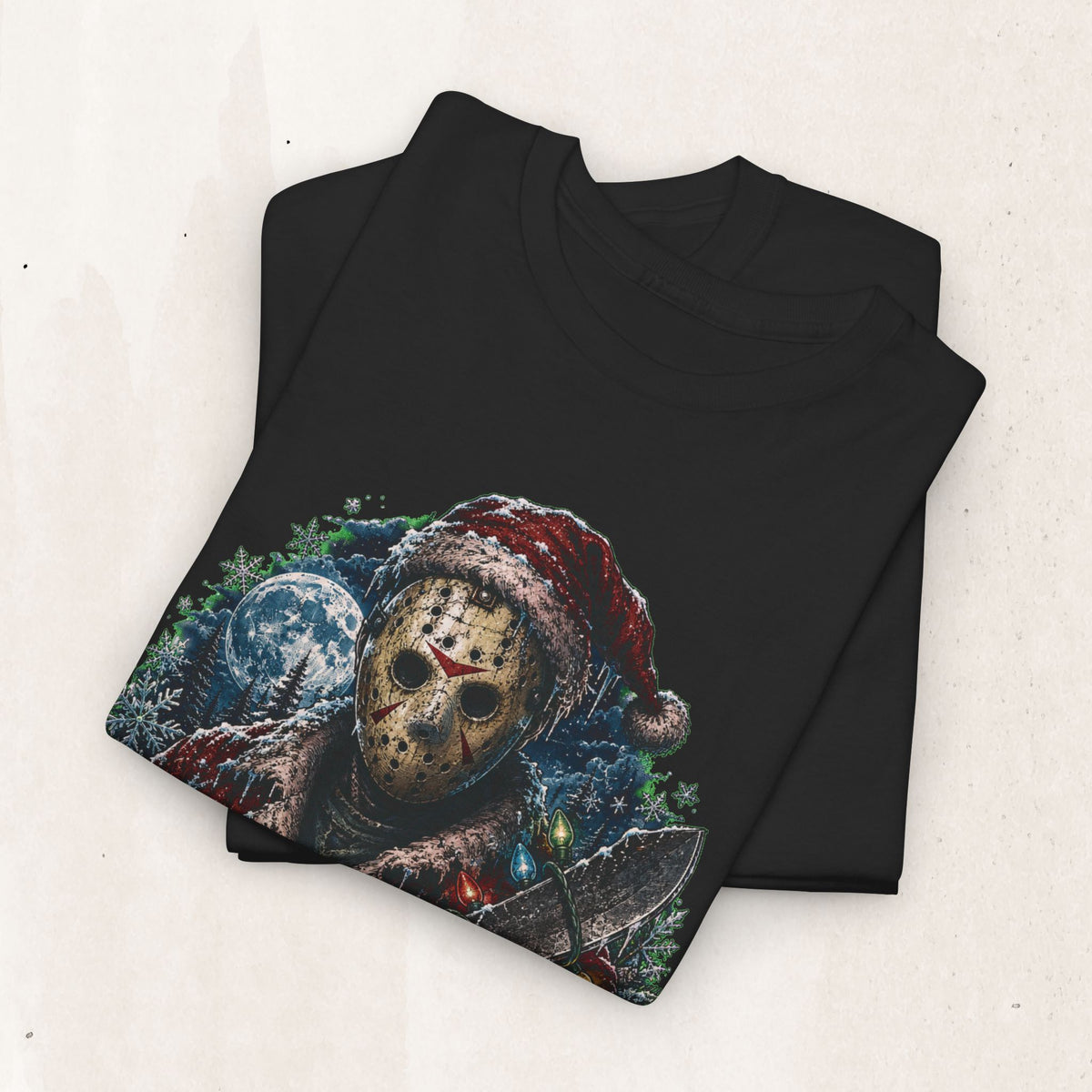 Horror Christmas Tee — Jason Holiday Killer Mask with Festive Machete
