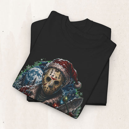 Horror Christmas Tee — Jason Holiday Killer Mask with Festive Machete