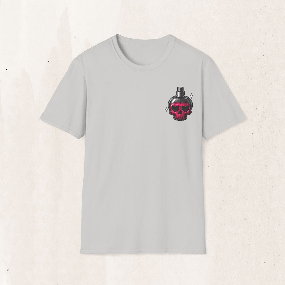 Skull Perfume Bottle Graphic Tee – Cute Goth Shirt – Ice Grey