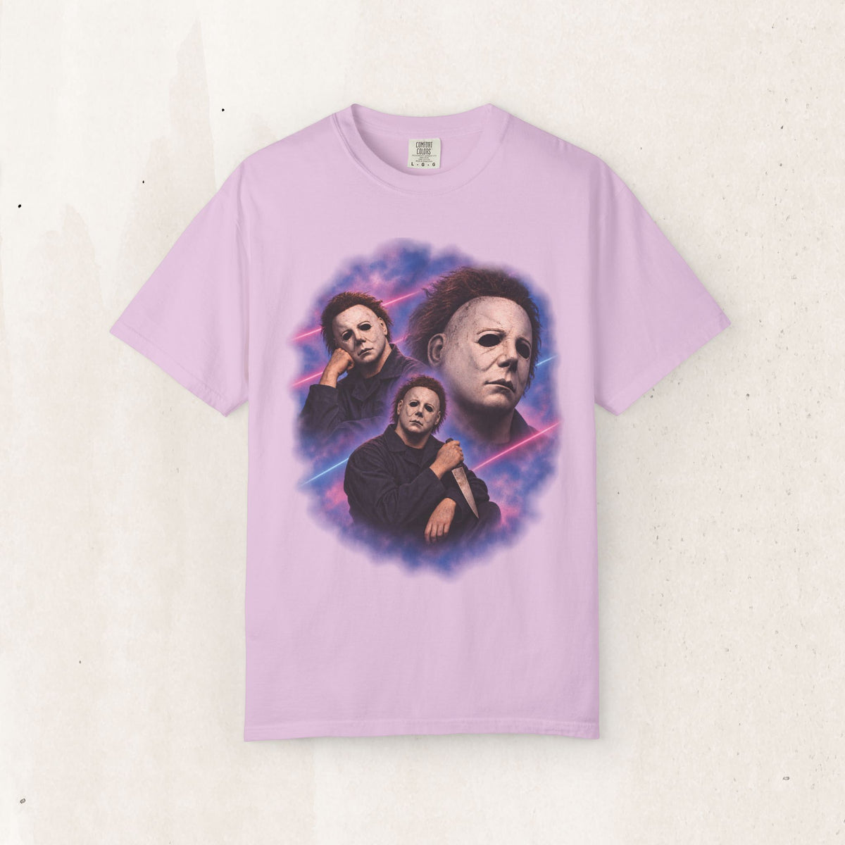 Michael Myers 80s Portrait Tee – Retro Purple Horror Graphic Shirt – Orchid