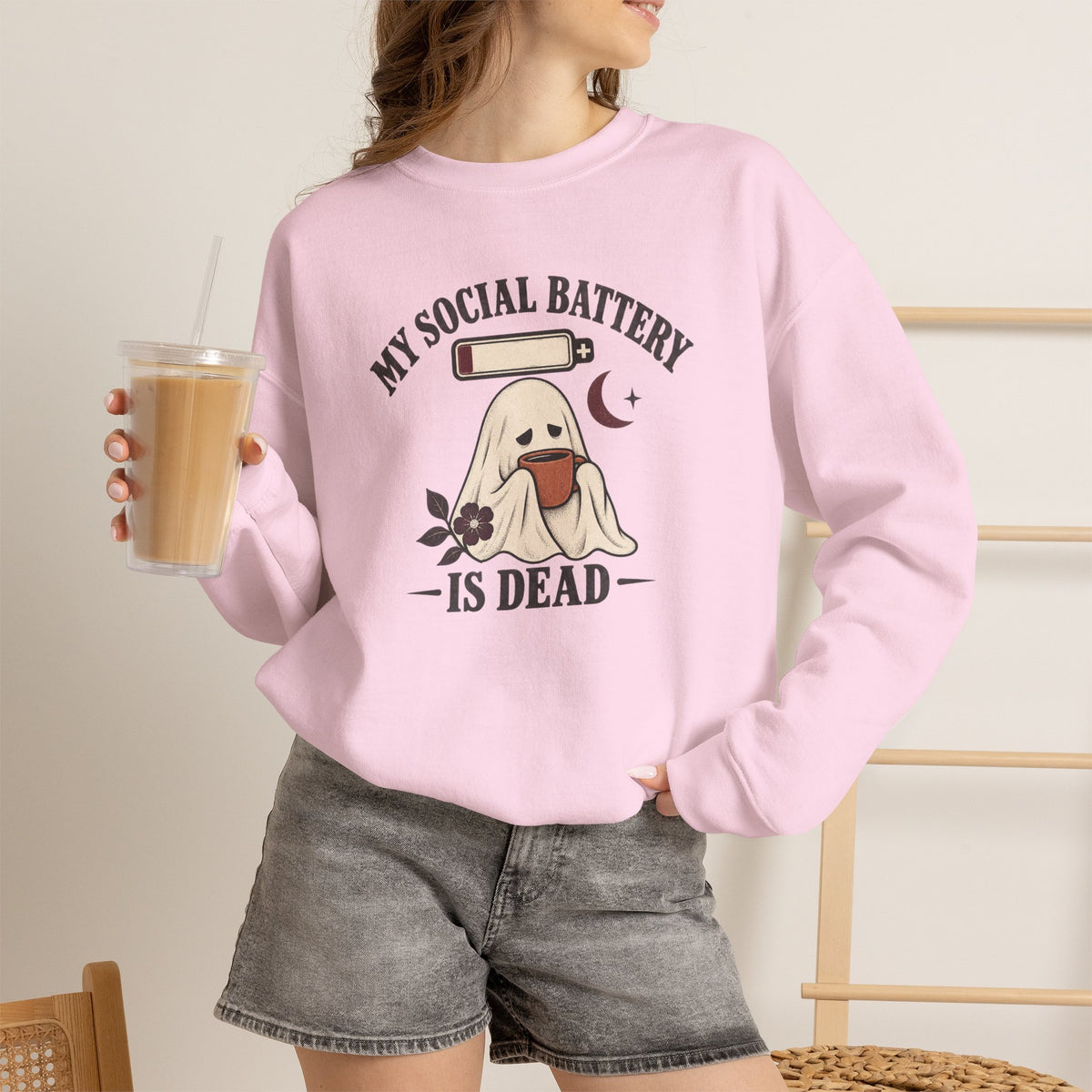 Cute Ghost "My Social Battery Is Dead" Crewneck Sweatshirt