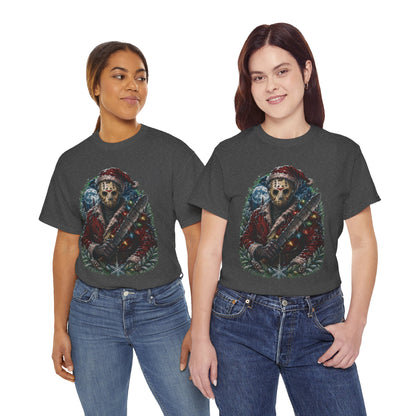 Horror Christmas Tee — Jason Holiday Killer Mask with Festive Machete