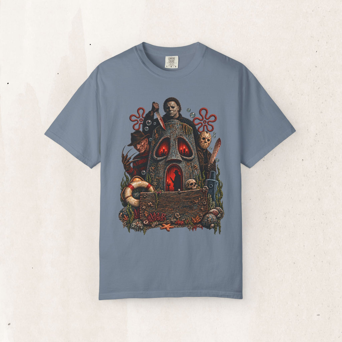 Bikini Bottom Horror Tee – Retro Cartoon Slasher Shirt – Blue Jean