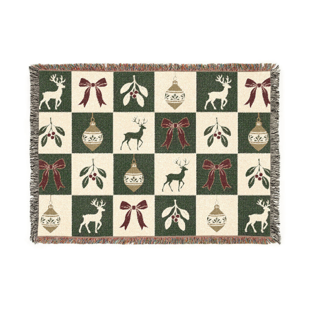 Holiday Reindeer & Ornaments Woven Blanket Printify